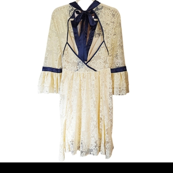 Free People Gilded Lace & Satin Mini Dress, Size Medium - Cream W/Navy - NWT - Picture 4 of 5